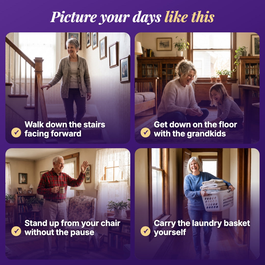 Picture your days like this: walk down the stairs facing forward, get down on the floor with the grandkids, stand up from your chair without the pause, carry the laundry basket yourself
