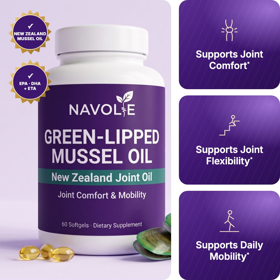 Navolie Green-Lipped Mussel Oil bottle with joint comfort, flexibility and mobility support callouts