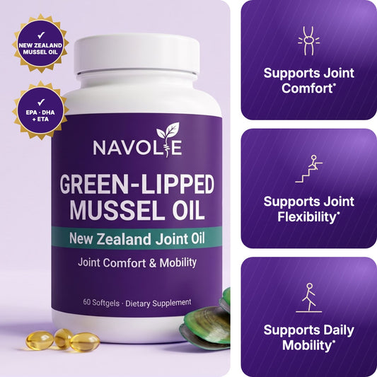 Navolie Green-Lipped Mussel Oil bottle with joint comfort, flexibility and mobility support callouts