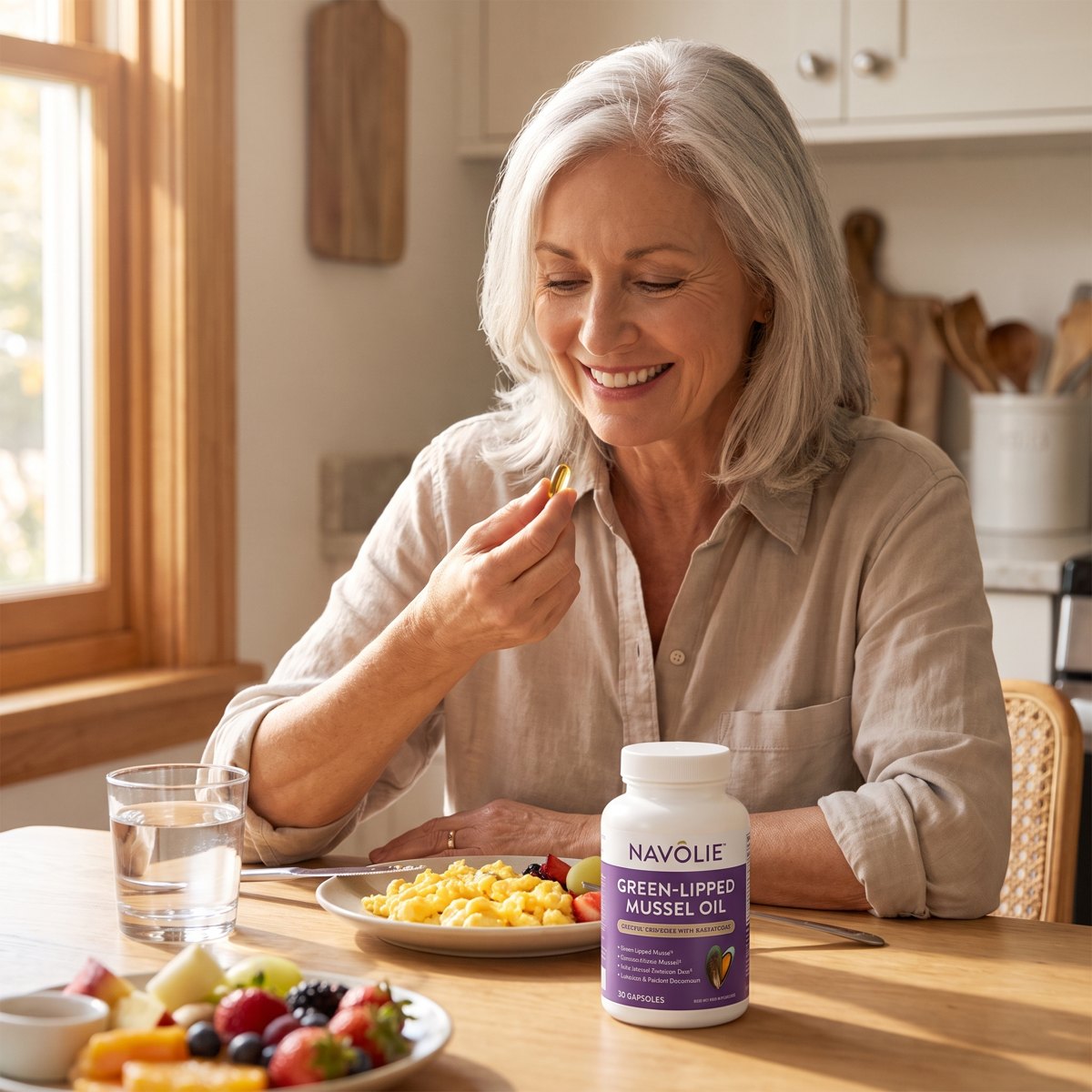 Woman taking a softgel with breakfast