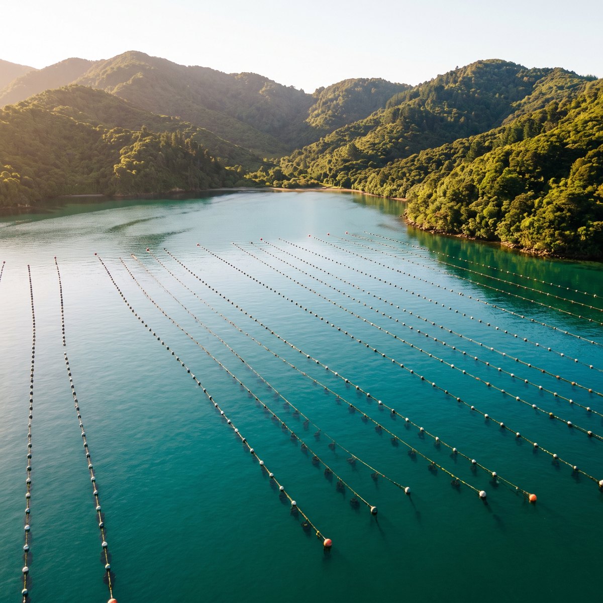 Mussel farm lines in a New Zealand bay