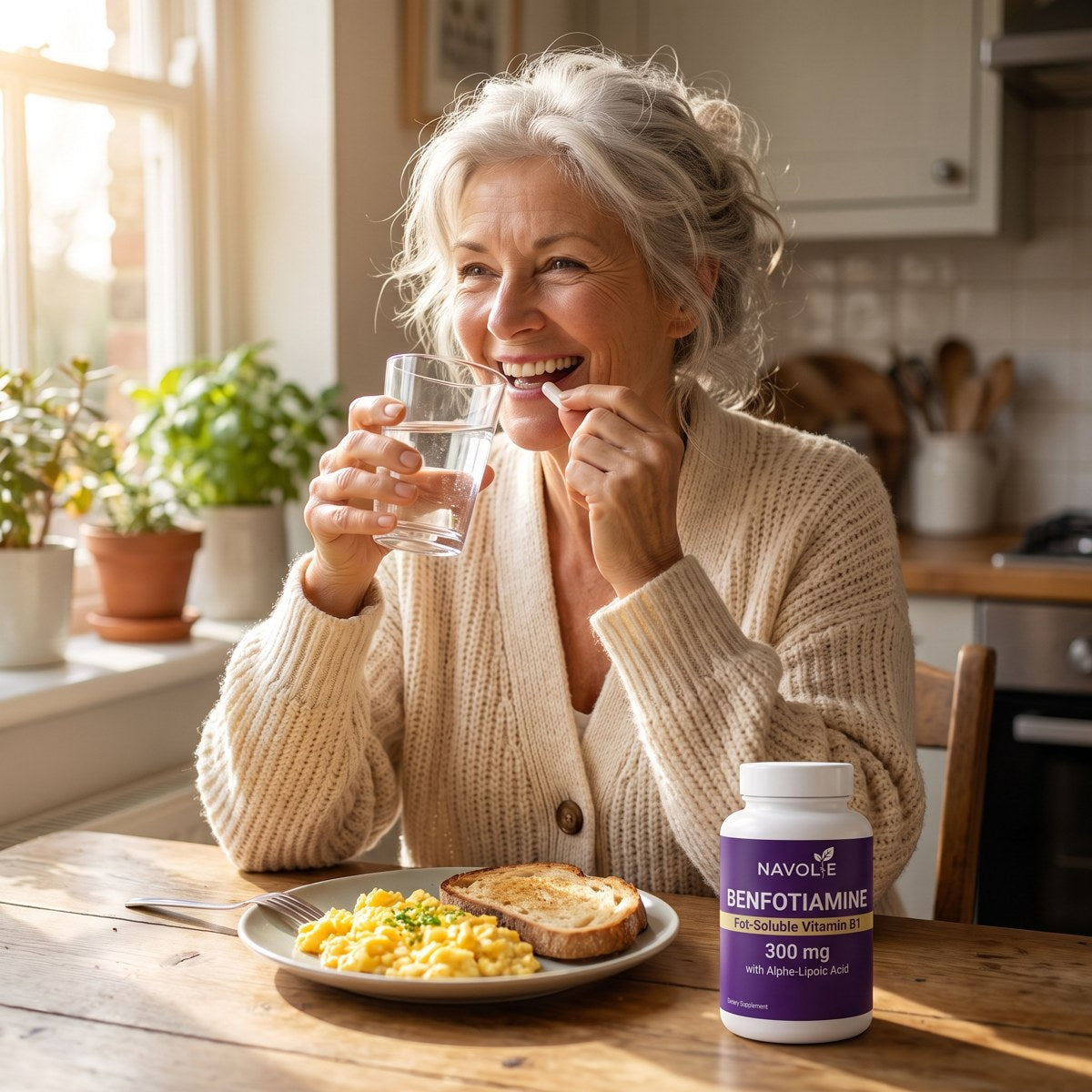 Woman taking her capsules with breakfast