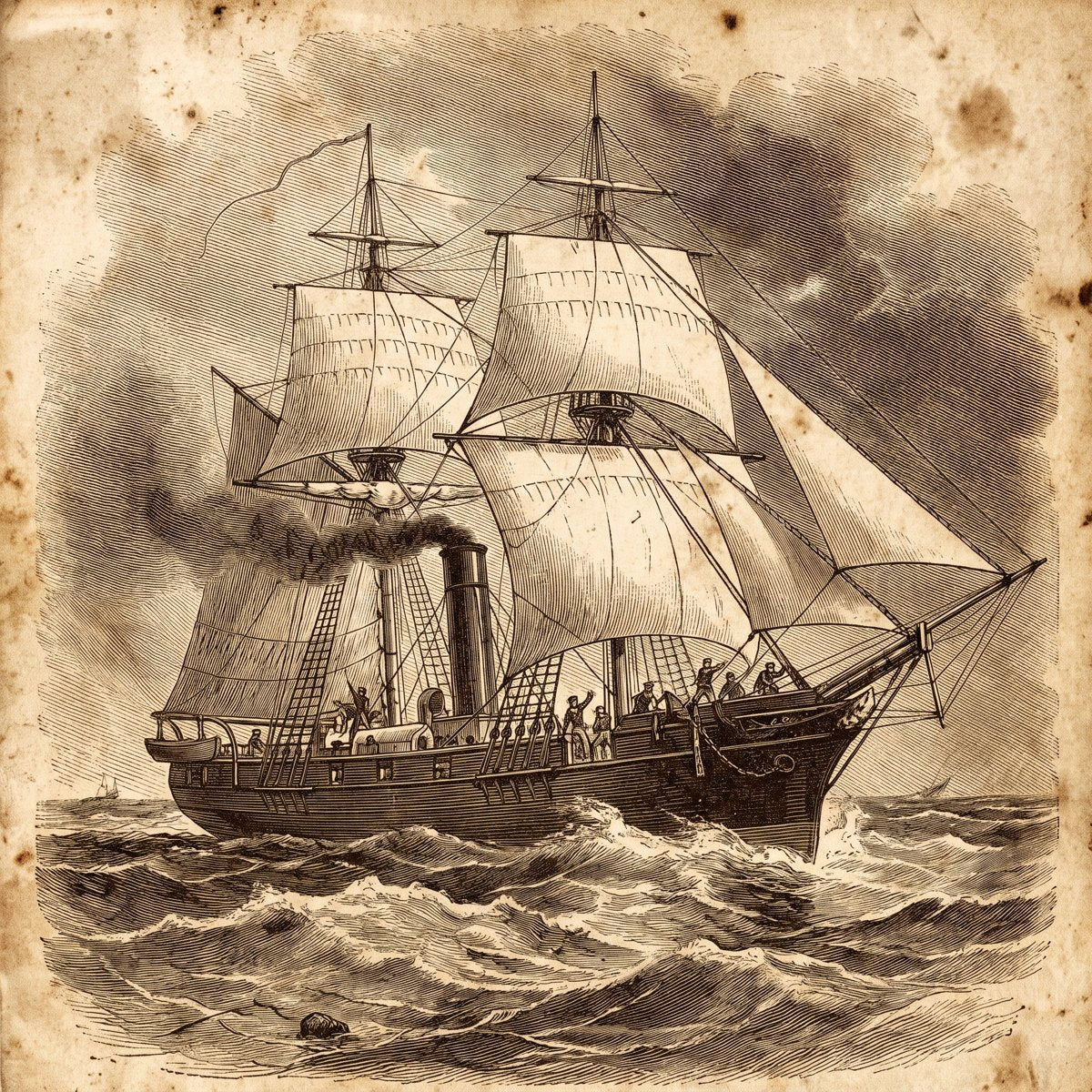 Engraving of a Japanese navy ship, 1884